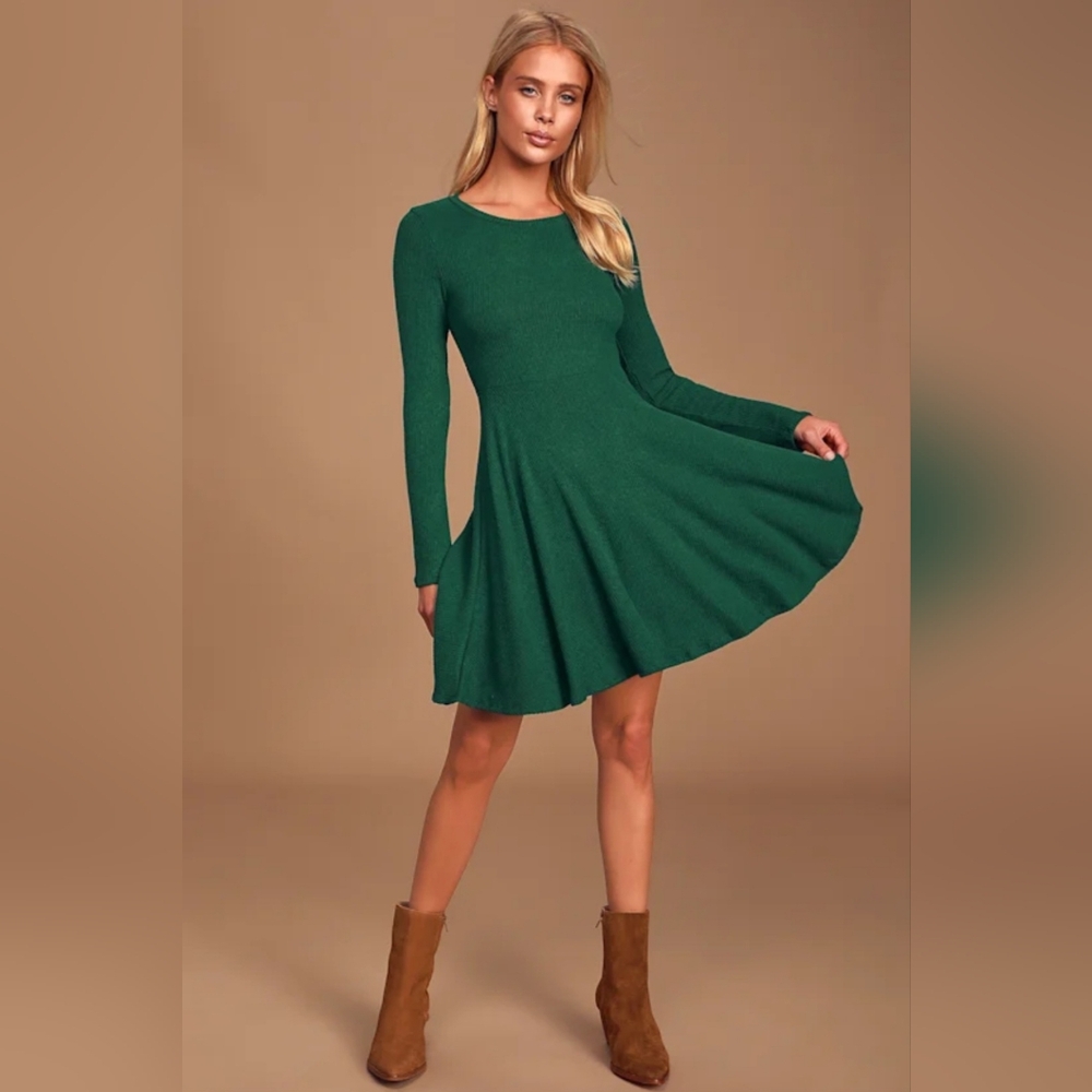 Lulus Chic Emerald Green Long Sleeve Ribbed Skater Dress